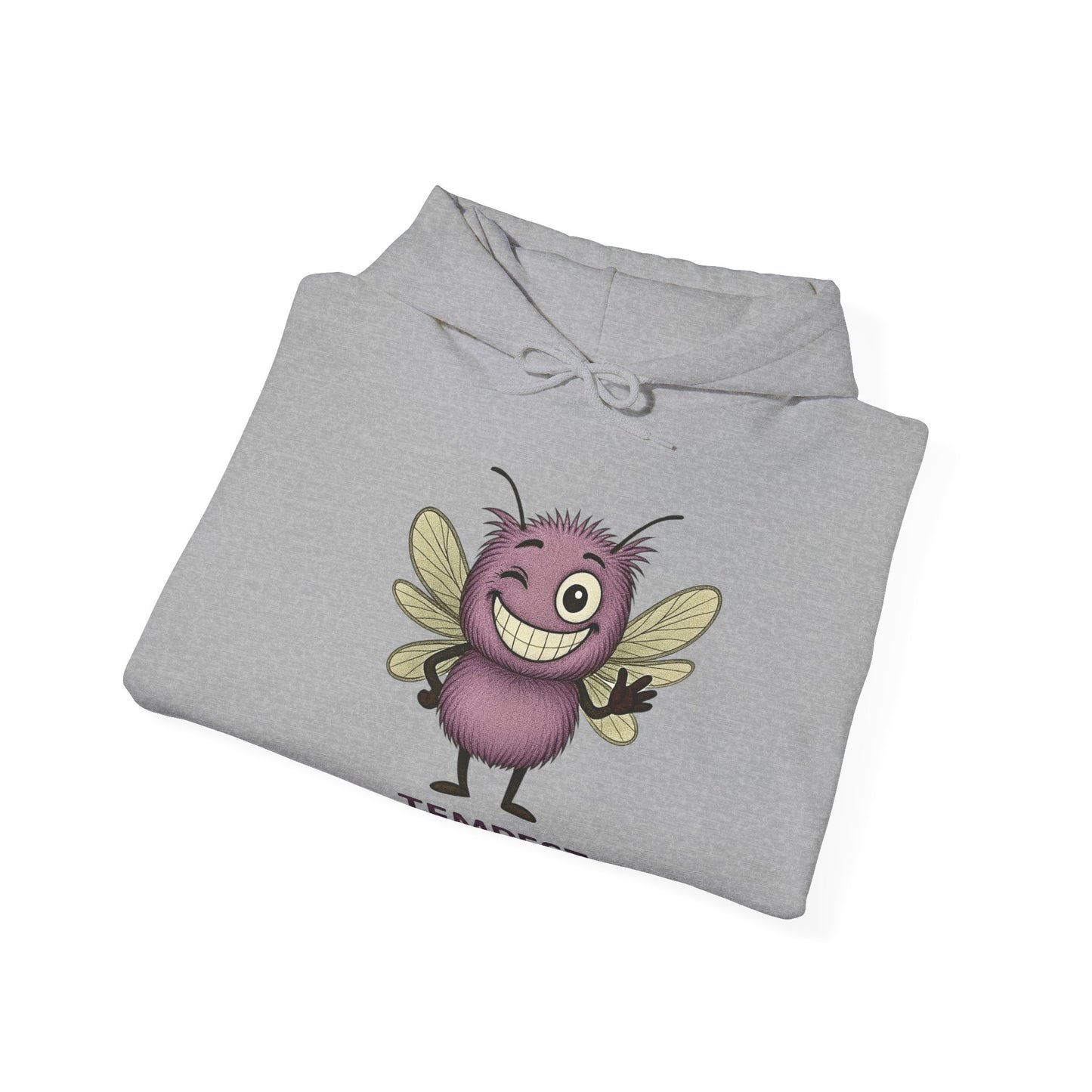 Hoodie with the character Tempest from Storm Mosquitos Apparel character designs - grey folded