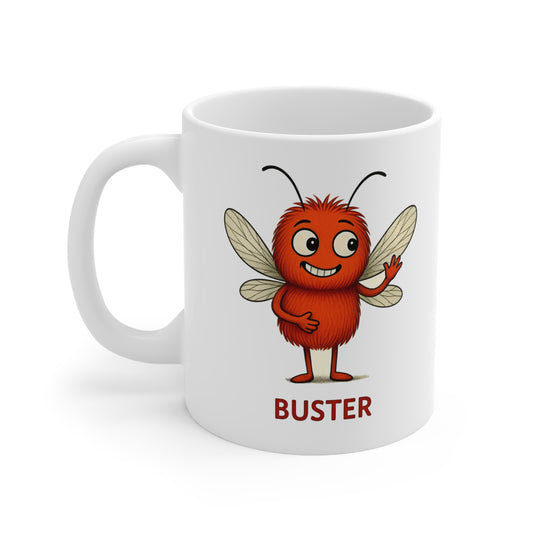 White mug with a cartoon character named Buster on a white - background - Storm Mosquitos Apparel