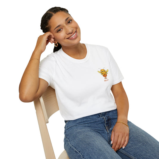 Woman wearing a white t-shirt with Nelly Character T-Shirt – Storm Mosquitos Apparel – Anxiety Awareness – Gildan Softstyle 64000