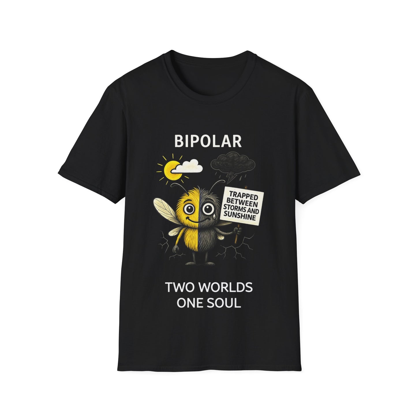 Bipolar Awareness T-Shirt – Trapped Between Storms and Sunshine | Mental Health Support Tee