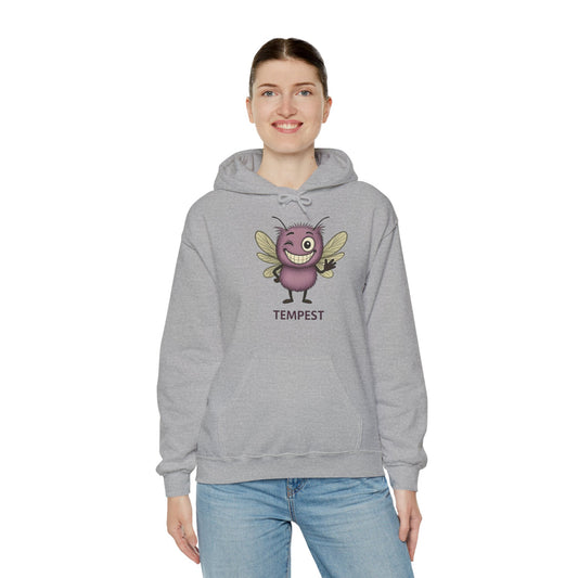 Hoodie with the character Tempest from Storm Mosquitos Apparel character designs - model wearing grey front