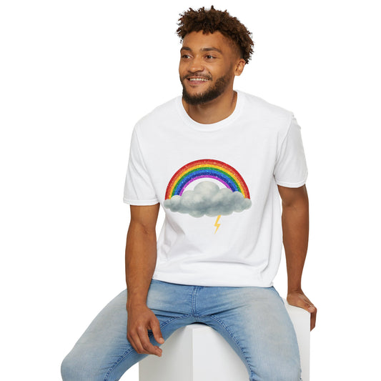 Man wearing a white t-shirt with a rainbow and Felix cloud design on a white background