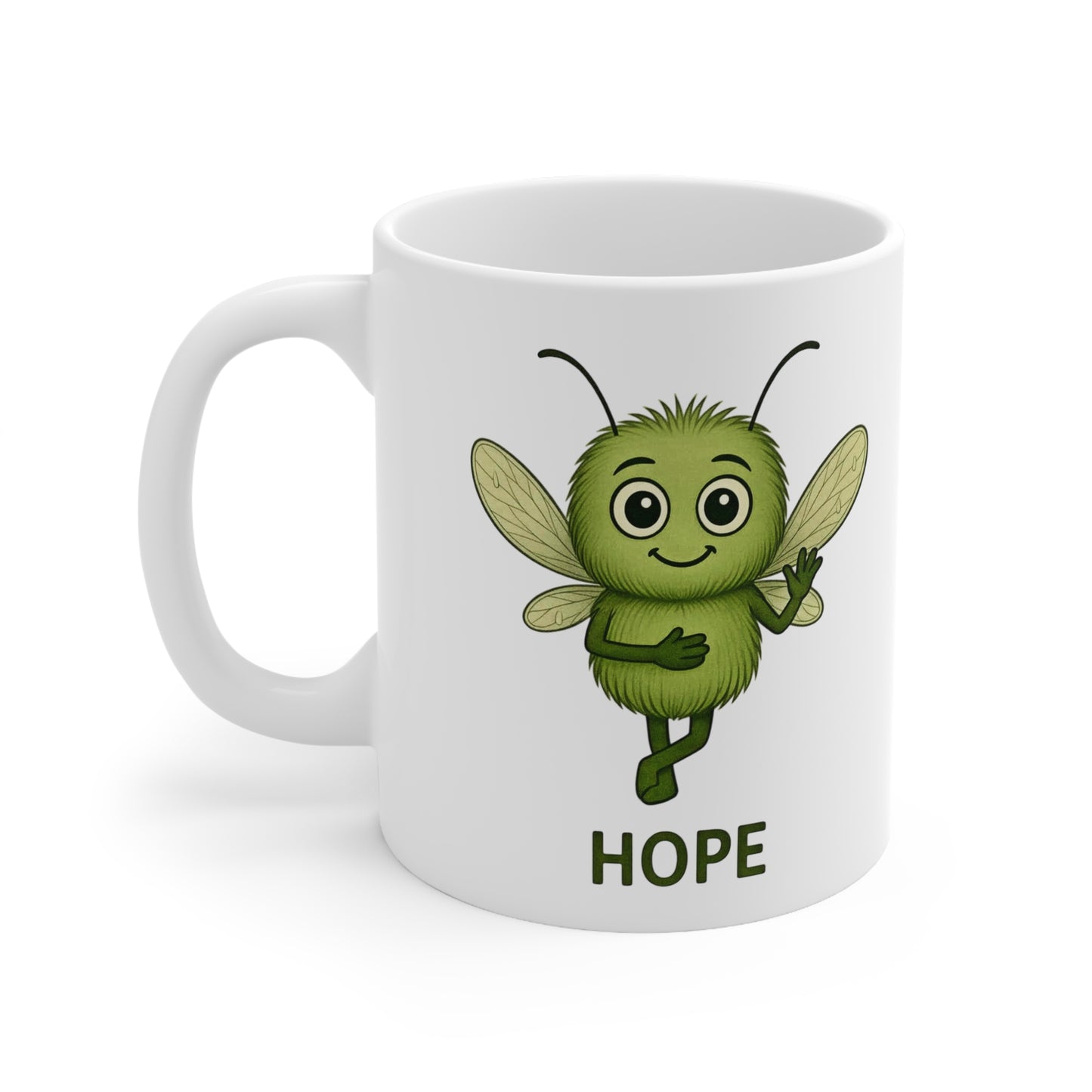 White mug with a green character named 'Hope' from Storm Mosquito Apparel