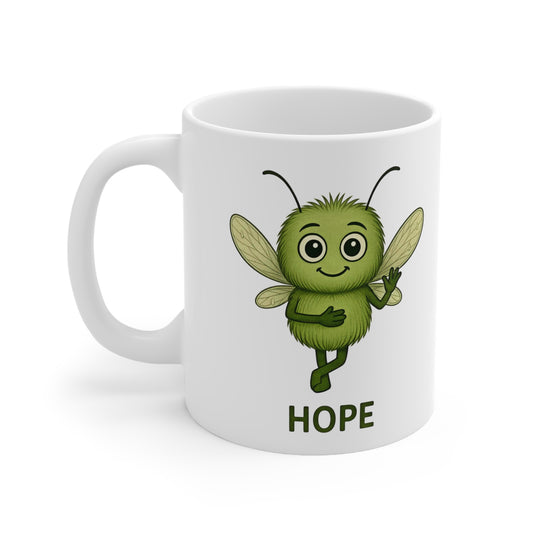 White mug with a green character named 'Hope' from Storm Mosquito Apparel