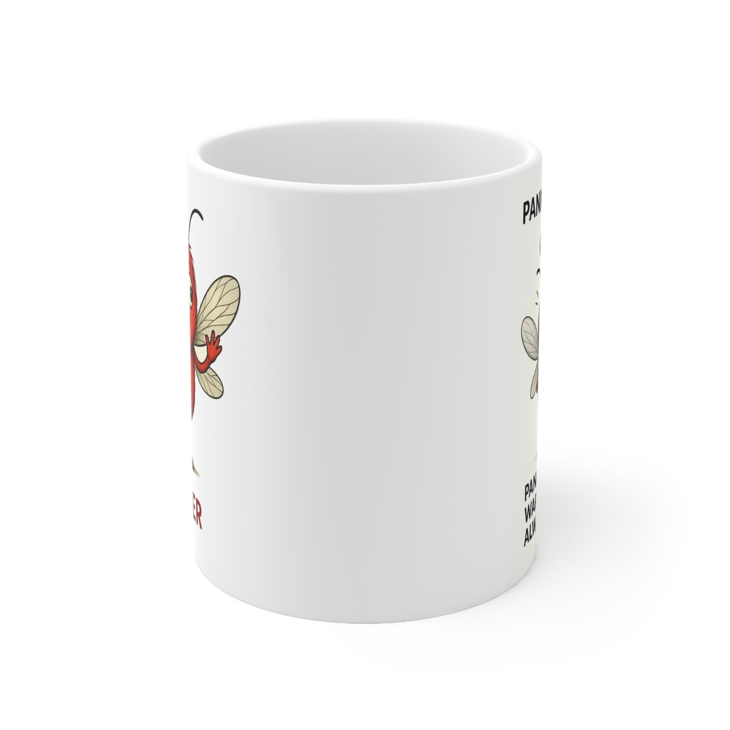 White mug with colorful Storm Mosquitos design on a white background - Buster