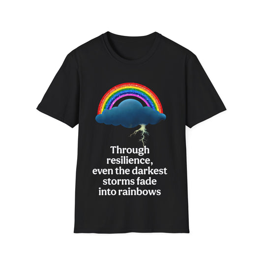 Unisex t-shirt from the Rainbow Cloud Collection, featuring a colorful Storm Mosquitos design that represents mental health awareness and emotional resilience. Character: Stormy - black front