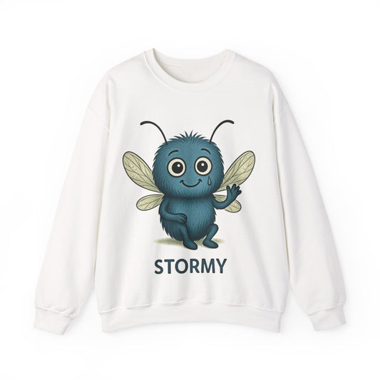 White sweatshirt with a blue character and 'STORMY' text on a white background - Storm Mosquitos Apparel
