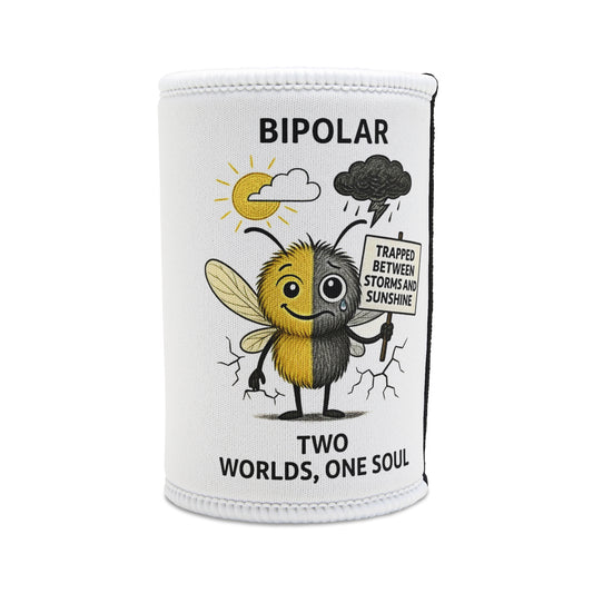 Jay Bipolar awareness cartoon mosquito on stubby holder – Storm Mosquitos Apparel - left
