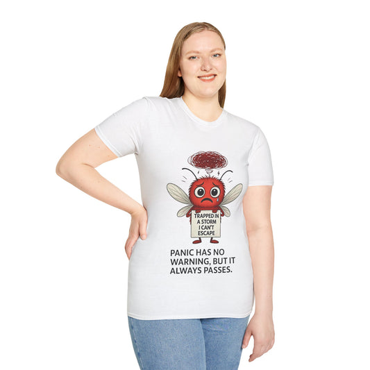Person wearing a white t-shirt with a graphic design Buster Character with Panic Disorder Design – Text “Panic Has No Warning But It Always Passes” – Storm Mosquitos Apparel