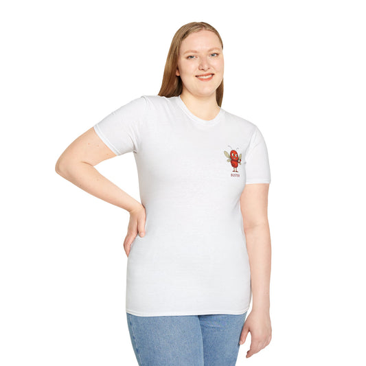 Person wearing a white t-shirt Buster Character T-Shirt – Storm Mosquitos Apparel – Panic Disorder Awareness – Gildan Softstyle 64000