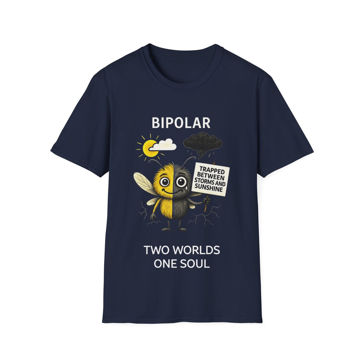 Bipolar Awareness T-Shirt – Trapped Between Storms and Sunshine | Mental Health Support Tee
