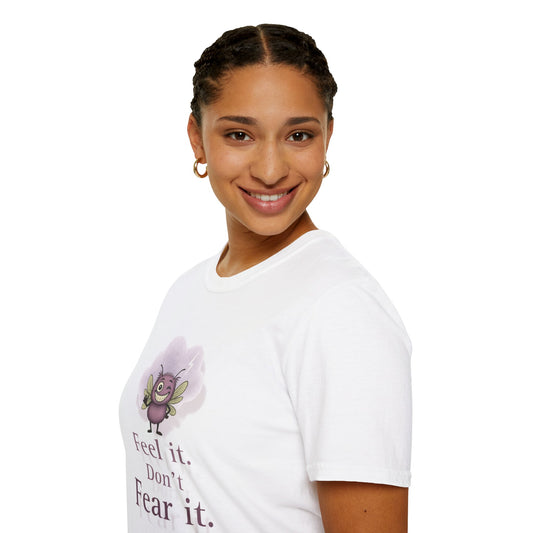 Person wearing a white t-shirt with a graphic and text on a white background