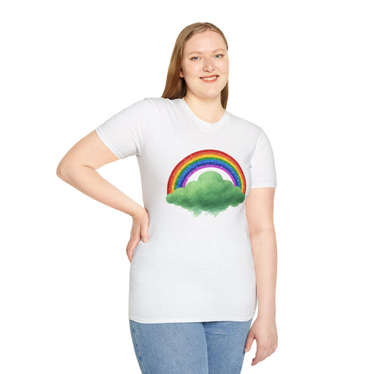 Person wearing a white t-shirt with a rainbow and Hope cloud design on a white background