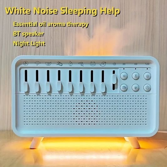 White noise machine with essential oil aroma therapy, BT speaker, and night light on a wooden surface.