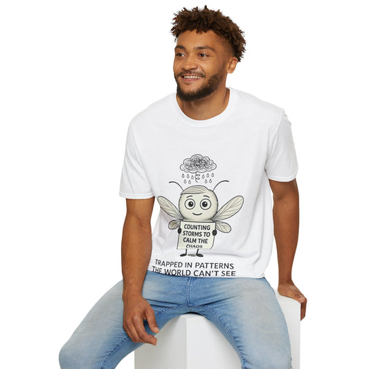 Man wearing a white t-shirt with Felix OCD Awareness Design – Storm Mosquitos
