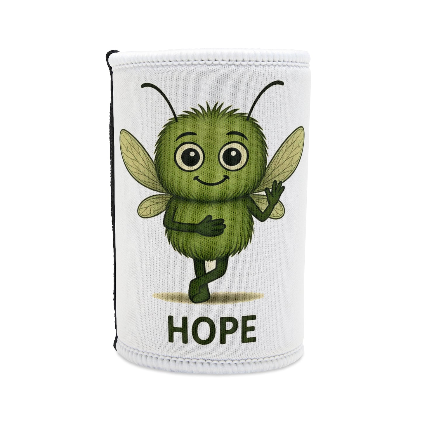 White neoprene stubby holder with green HOPE mosquito character for PTSD awareness - Mental Health Musings
