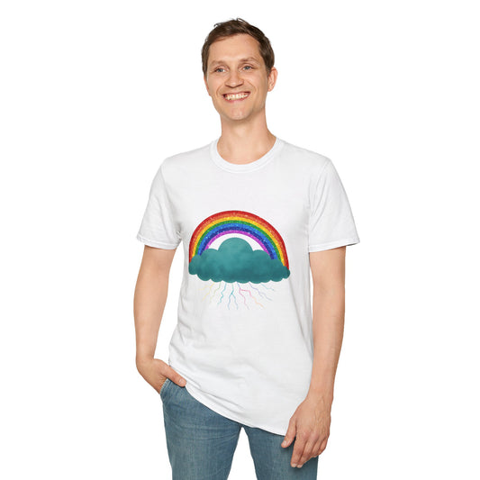 Person wearing a white t-shirt with a rainbow and Echo cloud design on a white background