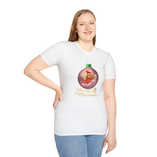 Model wearing Red Buster Christmas bauble design T-shirt with Buster inside the ornament and Merry Christmas text - white front