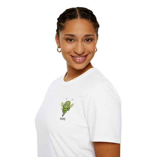 Person wearing a white t-shirt with Hope Character T-Shirt – Storm Mosquitos Apparel – PTSD Awareness – Gildan Softstyle 64000