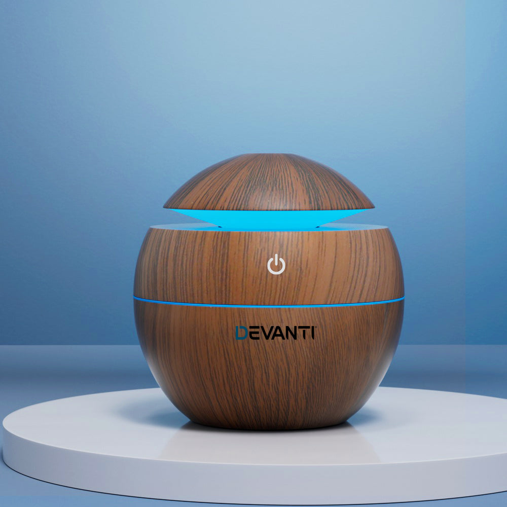 Devanti Dark Wood Aromatherapy Diffuser – 130ml Ultrasonic Mist Humidifier with 7-Colour LED Light | Mind Haven