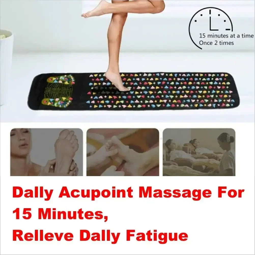 Massage mat with colorful acupressure points and text about daily acupoint massage benefits.