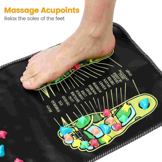 Foot using reflexology acupressure mat showing pressure points for stress and tension relief | Wellness Therapy Tool