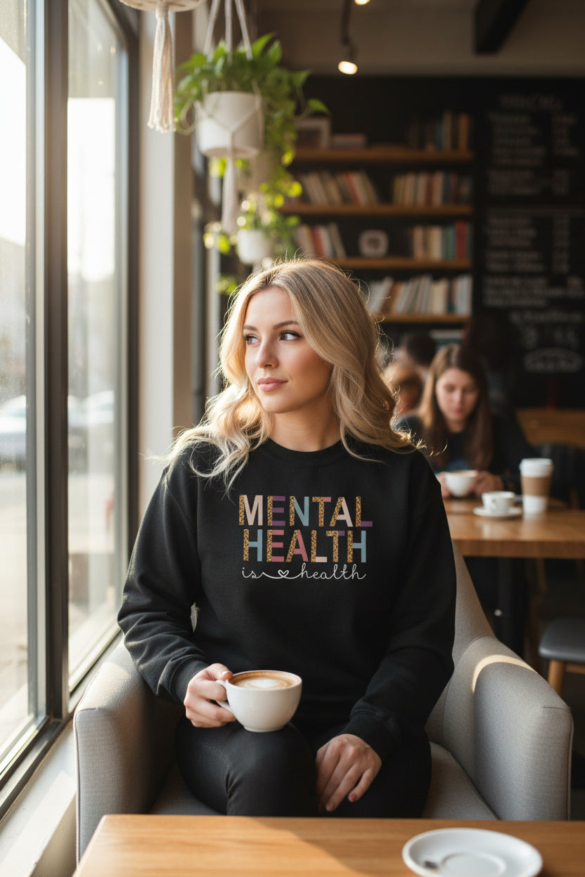 model wearing a Black unisex sweatshirt with colorful Mental Health is Health lettering, symbolizing wellness, awareness, and self-care advocacy, sitting in a cafe
