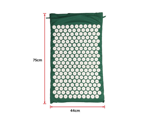 Green acupressure mat with white acupressure points and dimensions on a white background