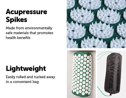 Acupressure spikes with text highlighting health benefits and portability.