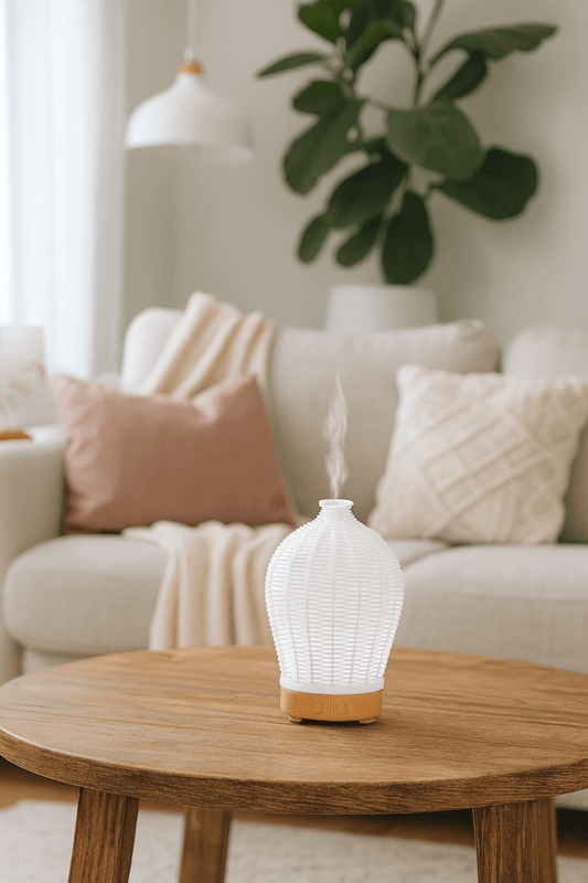 White rattan-style essential oil diffuser releasing mist on a wooden coffee table in a calm, cozy living room