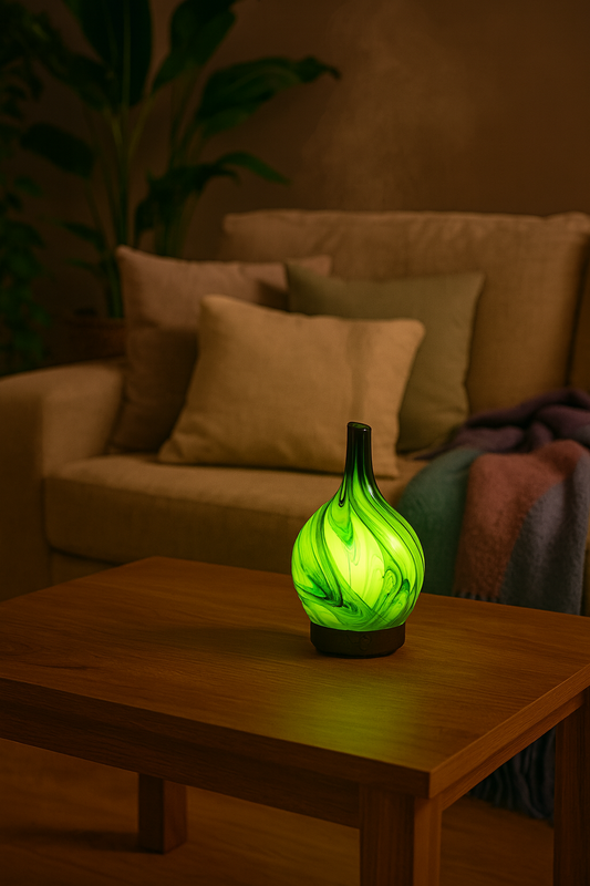 Green glass essential oil diffuser glowing on a coffee table in a cozy living room