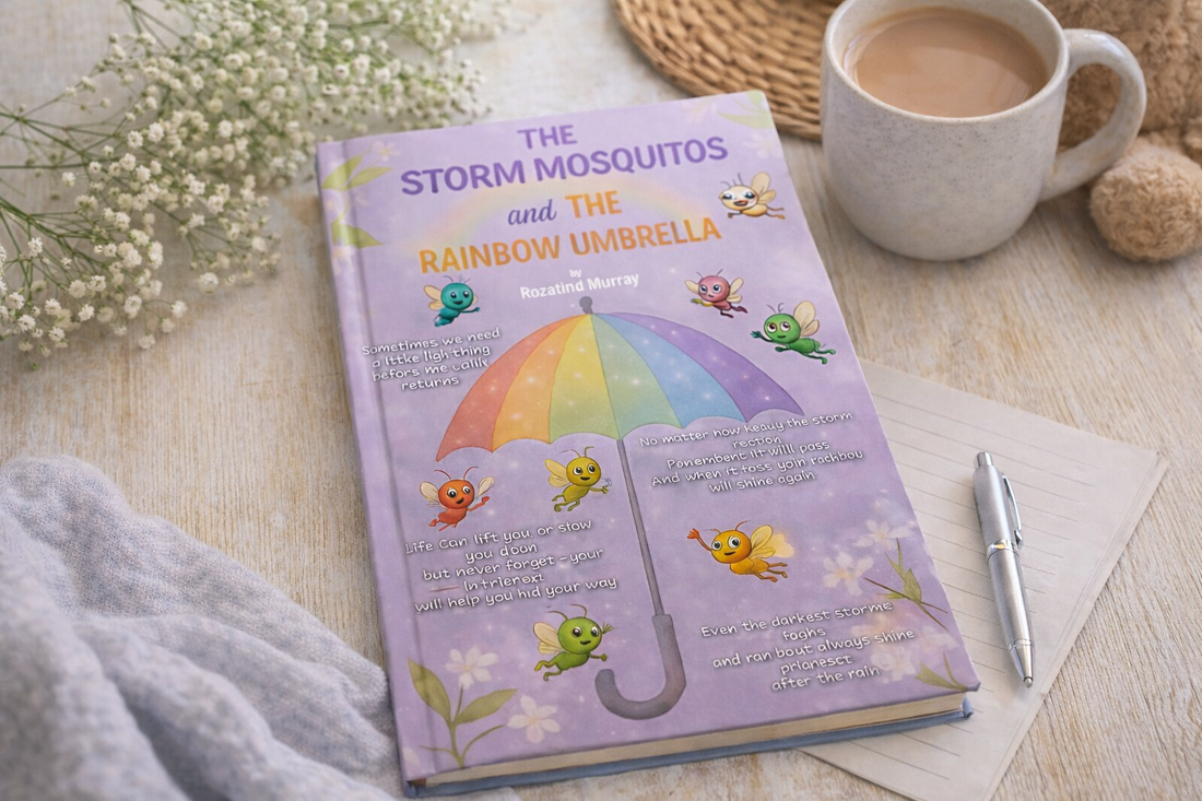 Children’s book The Storm Mosquitos and the Rainbow Umbrella displayed in a cozy reading space with warm light and soft decor