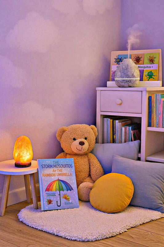 Calming kids’ corner with weighted blanket, diffuser, salt lamp, pillows and Storm Mosquitos book