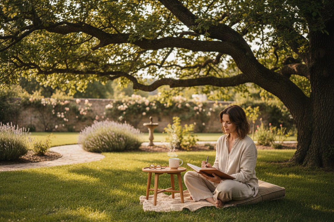 a person journaling to release stress in a safe space under a tree