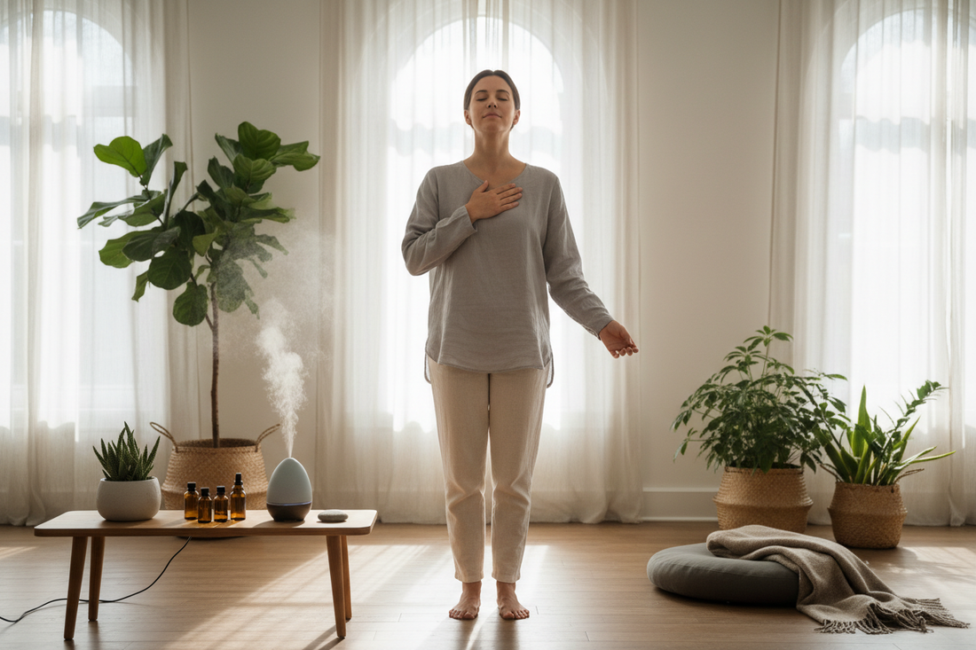 a person doing a grounding exercise with a hand over their heart and a diffuser
