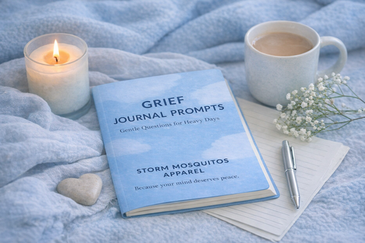 Grief journal prompts printable with soft blue cover and calming aesthetic