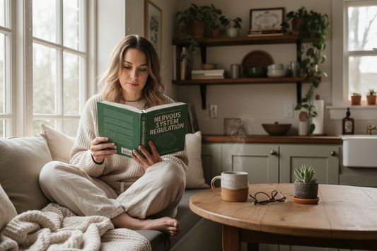 a person sitting in their kitchen reading a book about nervous system regulation