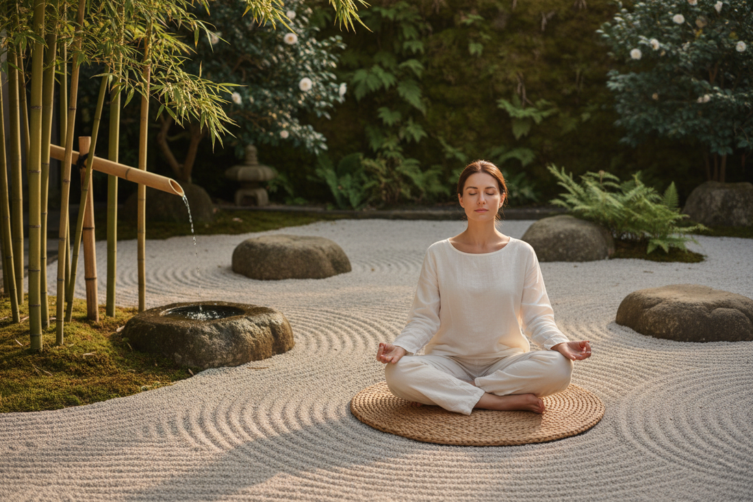 Mind-Body Wellness . Meditating and deep breathing in a zen garden