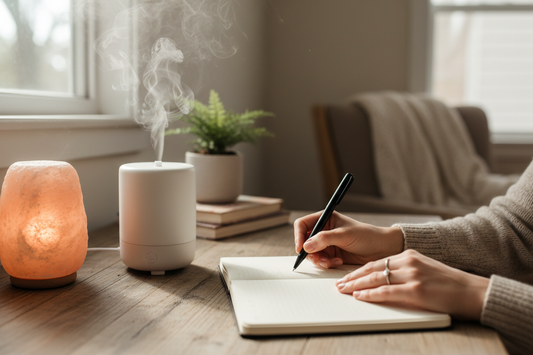 person writing in a journal next to a diffuser and a salt lamp