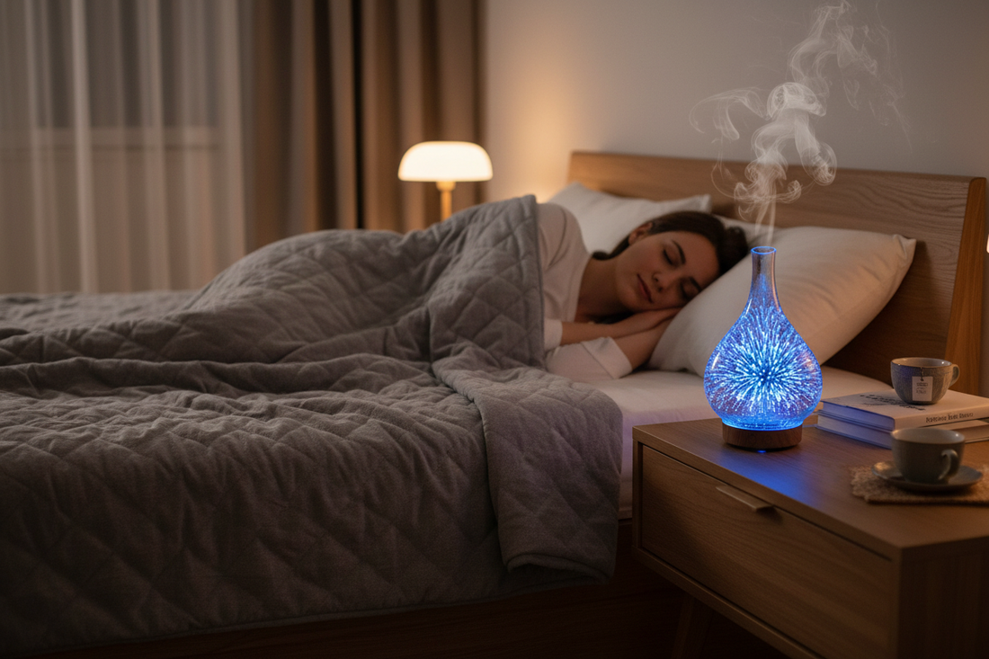 person sleeping with a weighted blanket and a diffuser on the dressing table