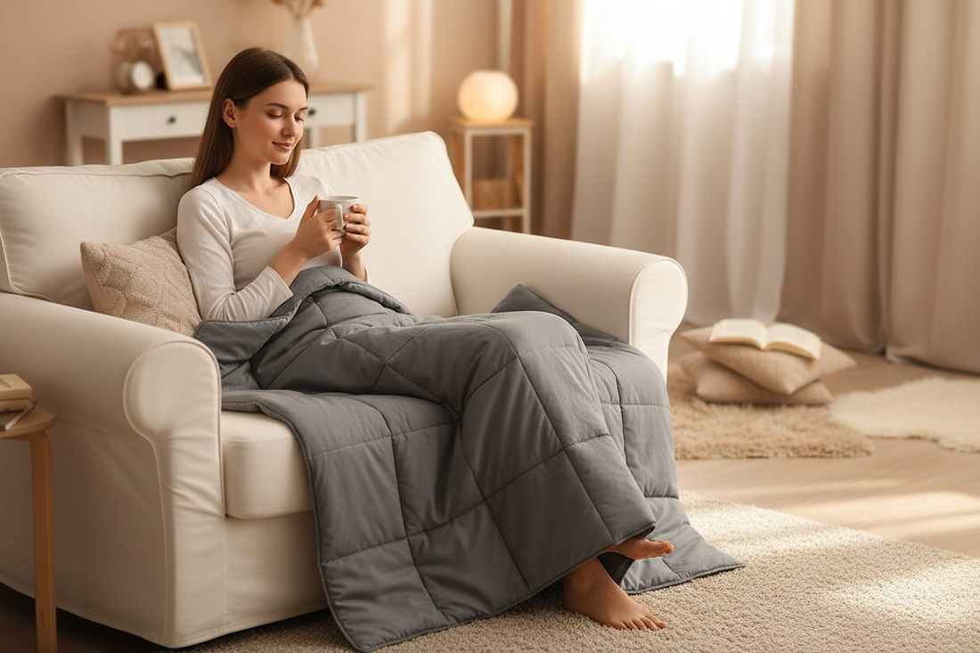 Person relaxing on a white lounge with a grey quilted weighted blanket, holding a mug in a cozy beige living room