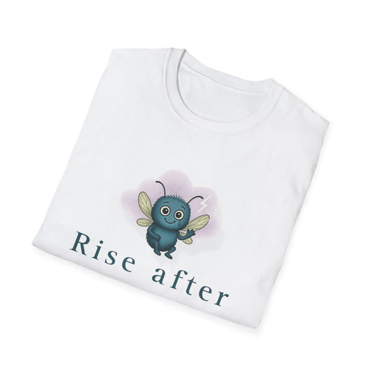 White t-shirt with a cartoon Storm Mosquito and motivational text 'Rise after the Rain' on a white background