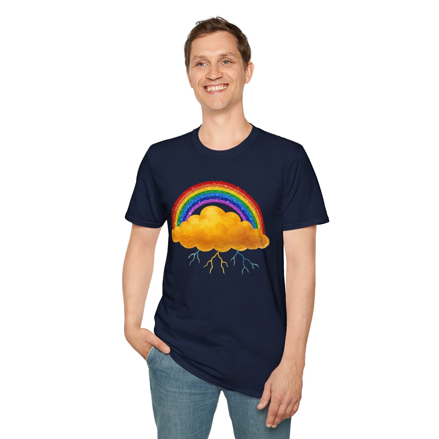 Person wearing a navy blue t-shirt with a rainbow and Nelly cloud design on a white background