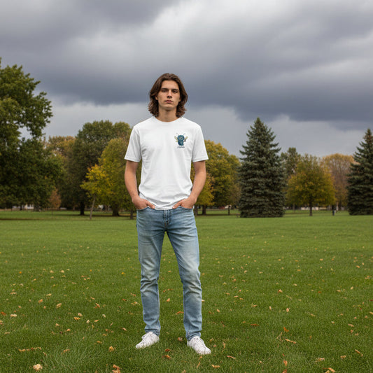 model standing in a park wearing a White t-shirt with a small graphic on the chest against a white - Stormy Character T-Shirt – Storm Mosquitos Apparel – Depression Awareness Shirt background