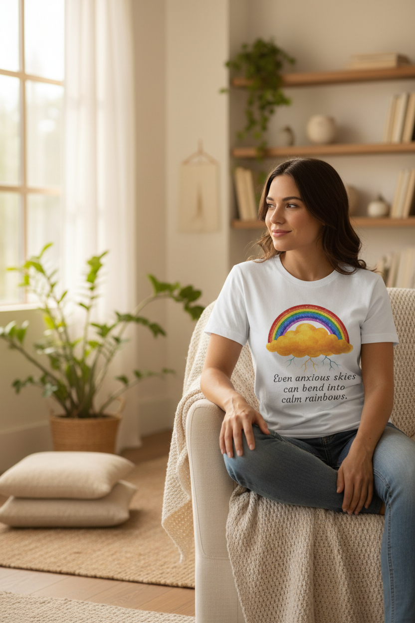 person wearing a Unisex white t-shirt from the Rainbow Cloud Series featuring a colorful rainbow over a storm cloud design that represents hope and resilience. Character: Nelly - front