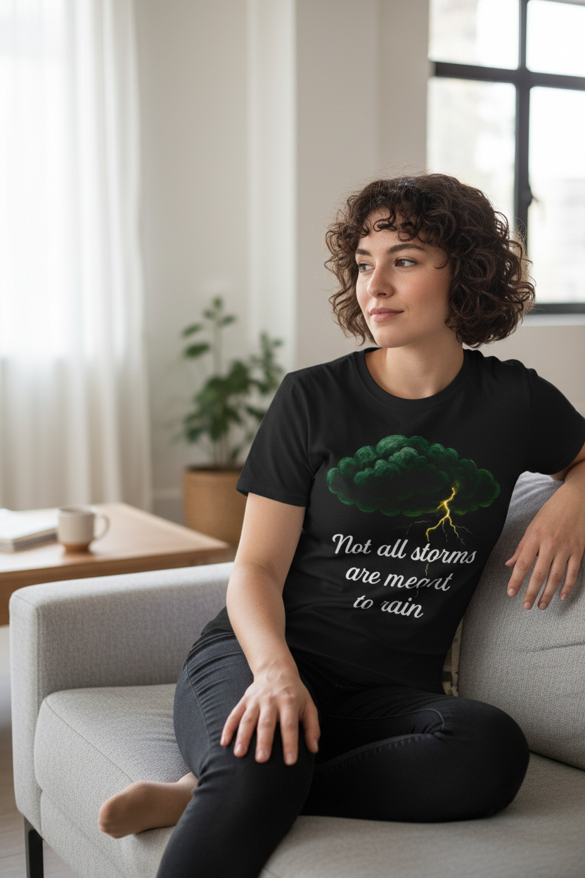 model wearing a Unisex t-shirt from the Storm Cloud Collection, featuring a Storm Mosquitos design that symbolizes mental health awareness and resilience. Character: Hope - Black front