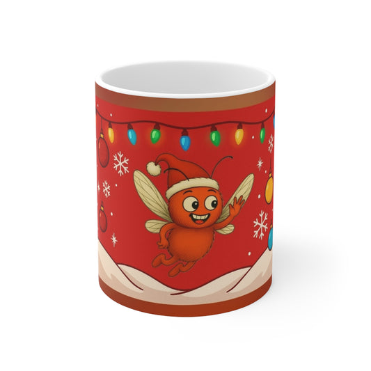 Red Christmas mug design featuring Buster in a Santa hat with baubles, lights, snowflakes, and snowy hills.