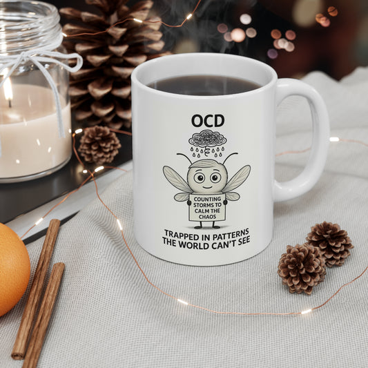 Felix OCD awareness cartoon on mug – Mental Health Musings design