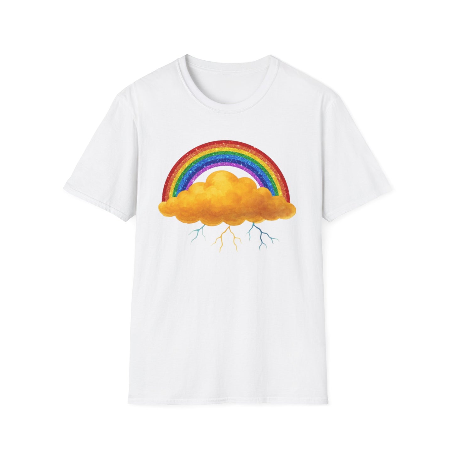 White t-shirt with a colorful rainbow and Nelly cloud design on a white background