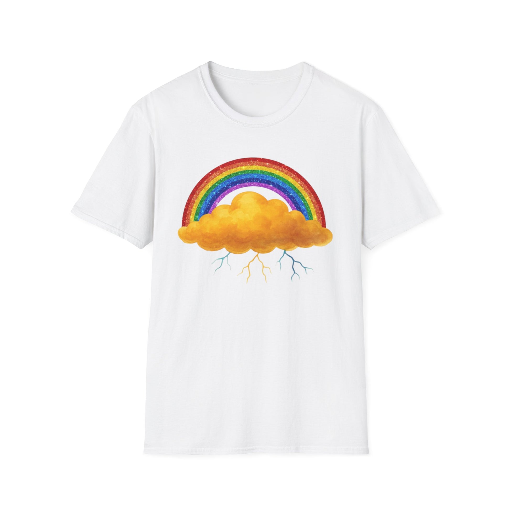 White t-shirt with a colorful rainbow and Nelly cloud design on a white background
